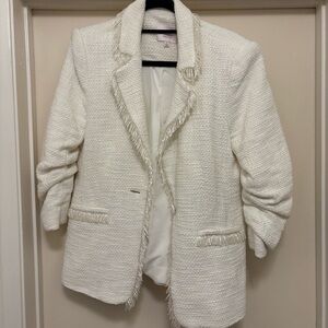 Cinq à Sept White Textured Blazer with Fringe